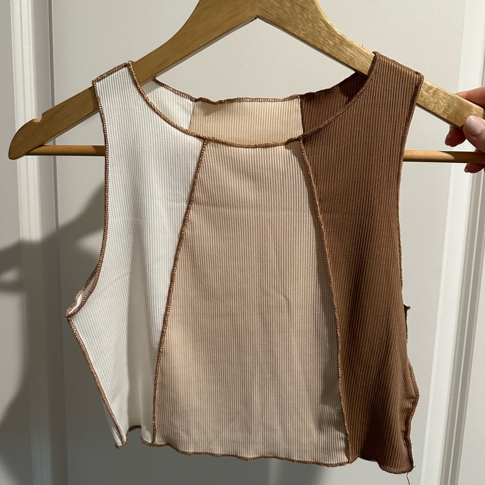 SHEIN reverse stitch crop top (white, tan, brown)